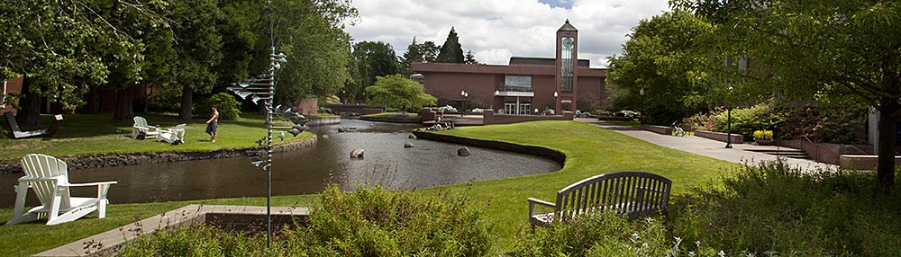 Willamette University's Salem campus, showing the Hatfield Library and Millstream