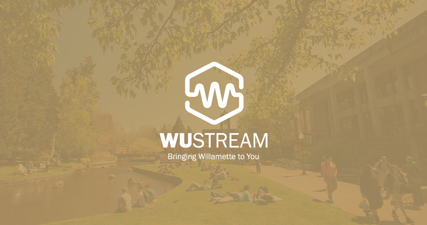 WU Stream logo featuring a W on a gold background with a faded image of the Mill Stream in the background