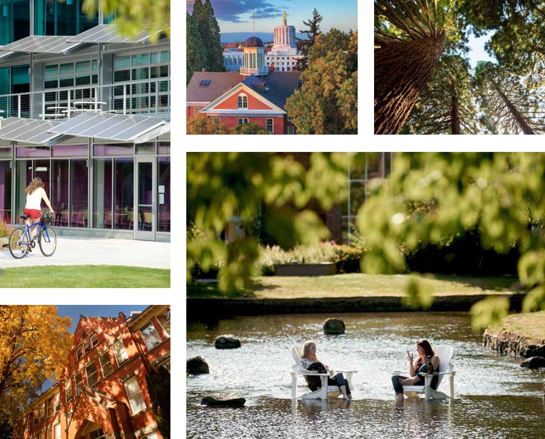 Five photos showing architecture and grounds at Willamette University