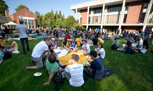First-year students and Opening Days leaders get to know each other at a late afternoon picnic.