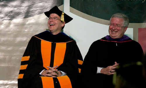 President Steve Thorsett and Board of Trustees Chair Steve Wynne on stage during the Opening Days convocation address.