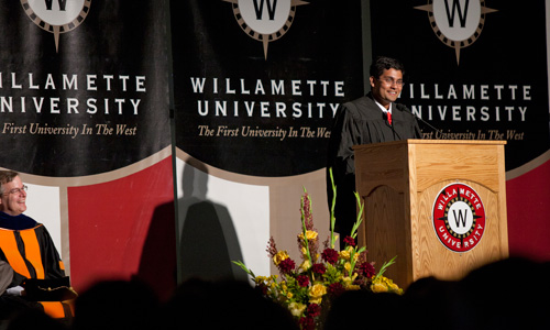 Tej Reddy '12, the president of the Associated Students of Willamette University, speaks to first-year students before the evening matriculation ceremony.