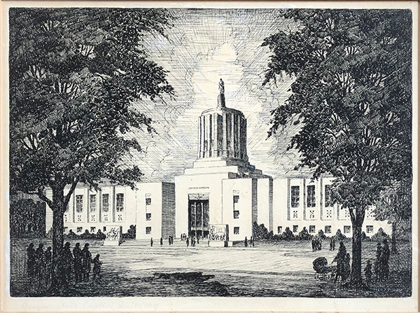 Pen and ink drawing of the Capitol building in Salem by Herbert Joseph Heywood