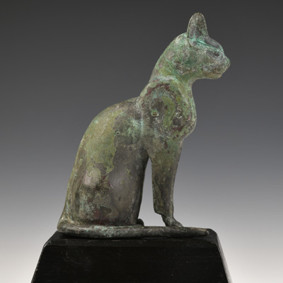 ​​Cat Figurine (with incised wadjet-eye amulet), Ancient Egyptian, Late Period, 664-332 BCE, Bronze, cast; Gift of Fred W. Ne