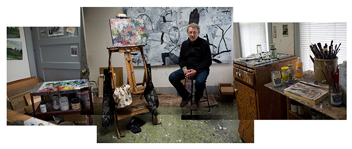 Photo of Tom Prochaska in his studio, taken by Aaron Johnson in 2018.