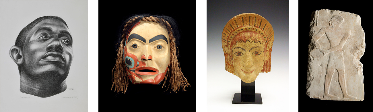 Charles White, “Gideon,” 1951; Etruscan Antefix, 525 to 500 BCE;Freda Diesing, "Male Portrait Mask," 1990; Relief of a Servant, Egyptian, Old Kingdom, Dynasty 6, 2350-2170 BCE