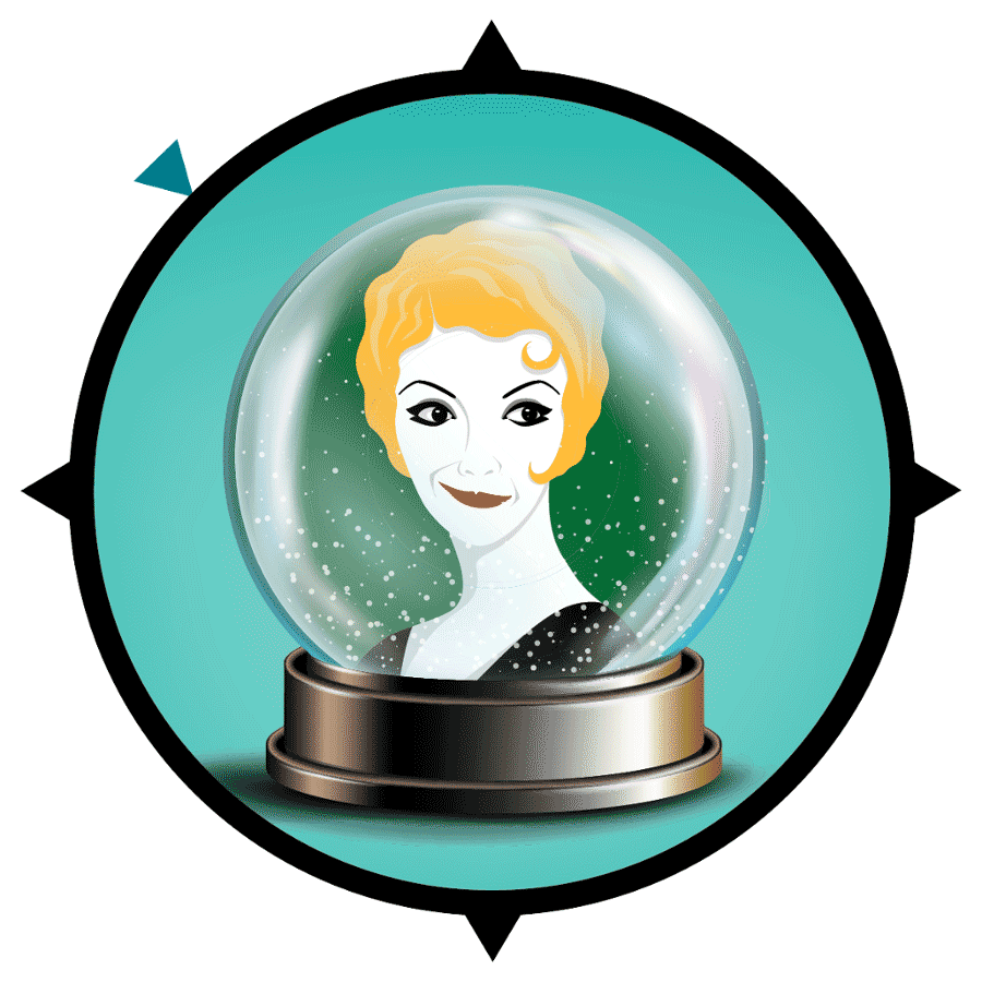 BLITHE SPIRIT logo, woman in crystal ball