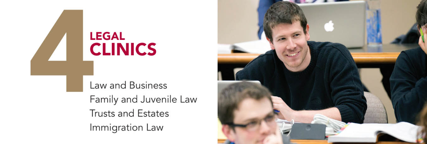 4 Legal Clinics: Law and Business; Family and Juvenile Law; Trusts and Estates; Immigration Law