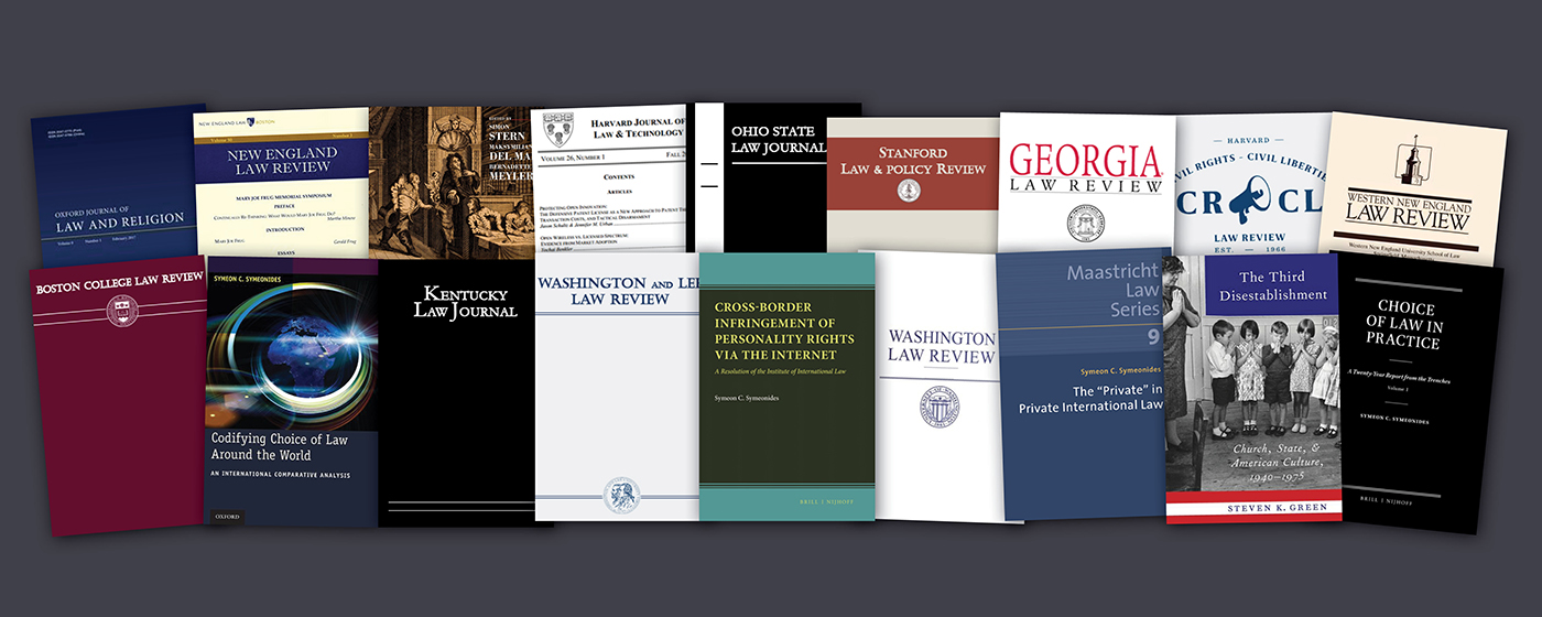 A set of books, journals and law reviews showcasing recent faculty scholarship highlights