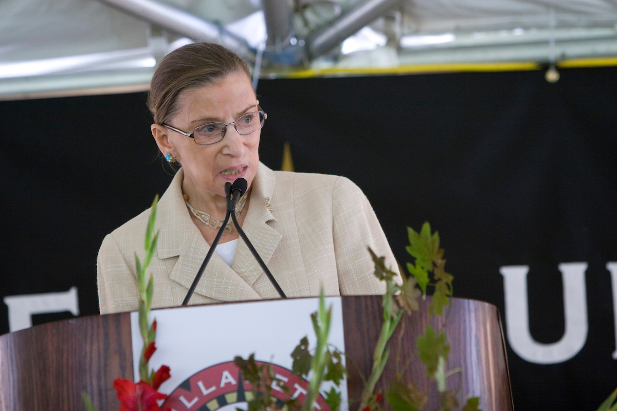 Justice Ruth Bader Ginsburg speaking at a luncheon on the quad