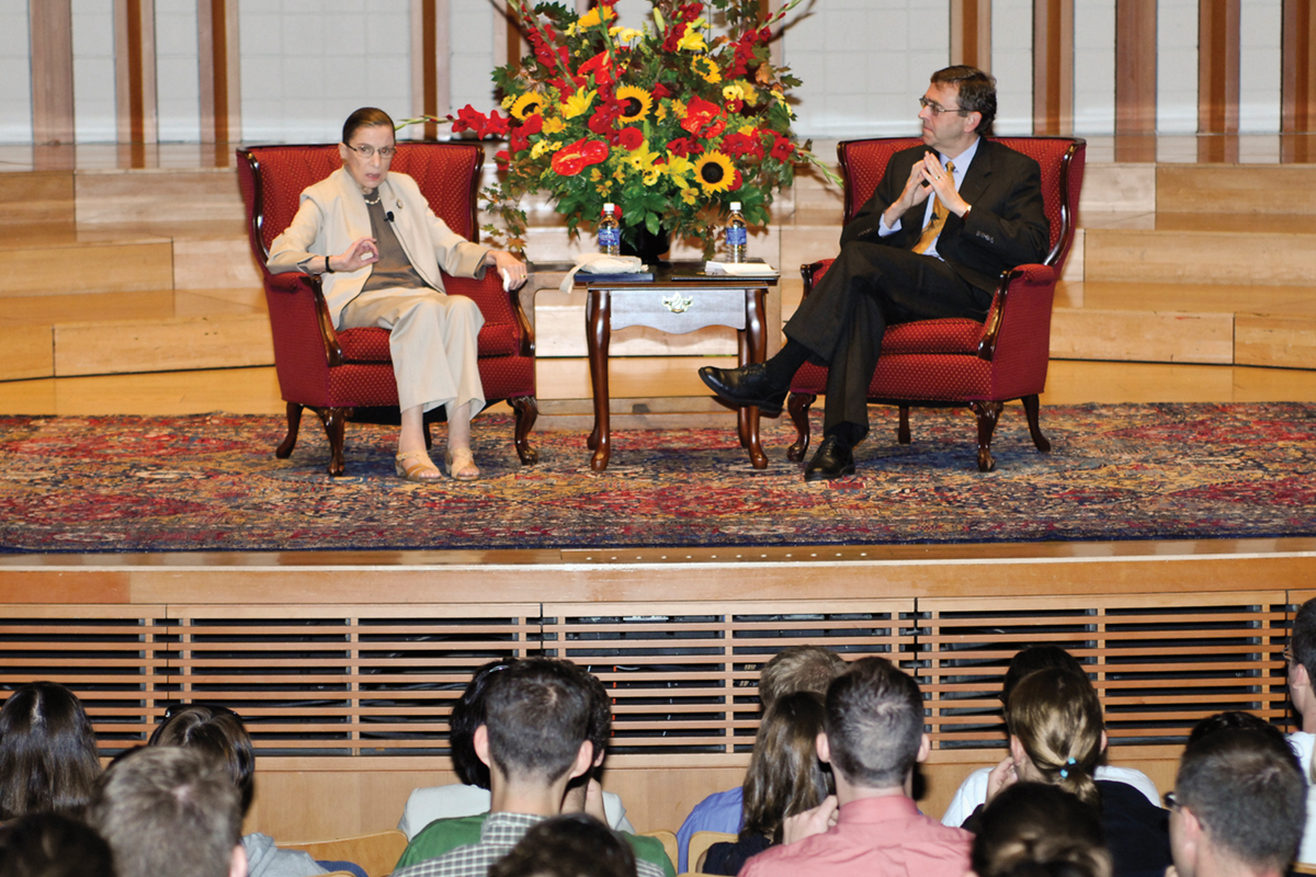 Justice Ruth Bader Ginsburg attended a special Constitutional Law class for law students with Justice Ginsburg. Professor Steven K. Green moderated the discussion.   More than 250 members of the law school community attended the event