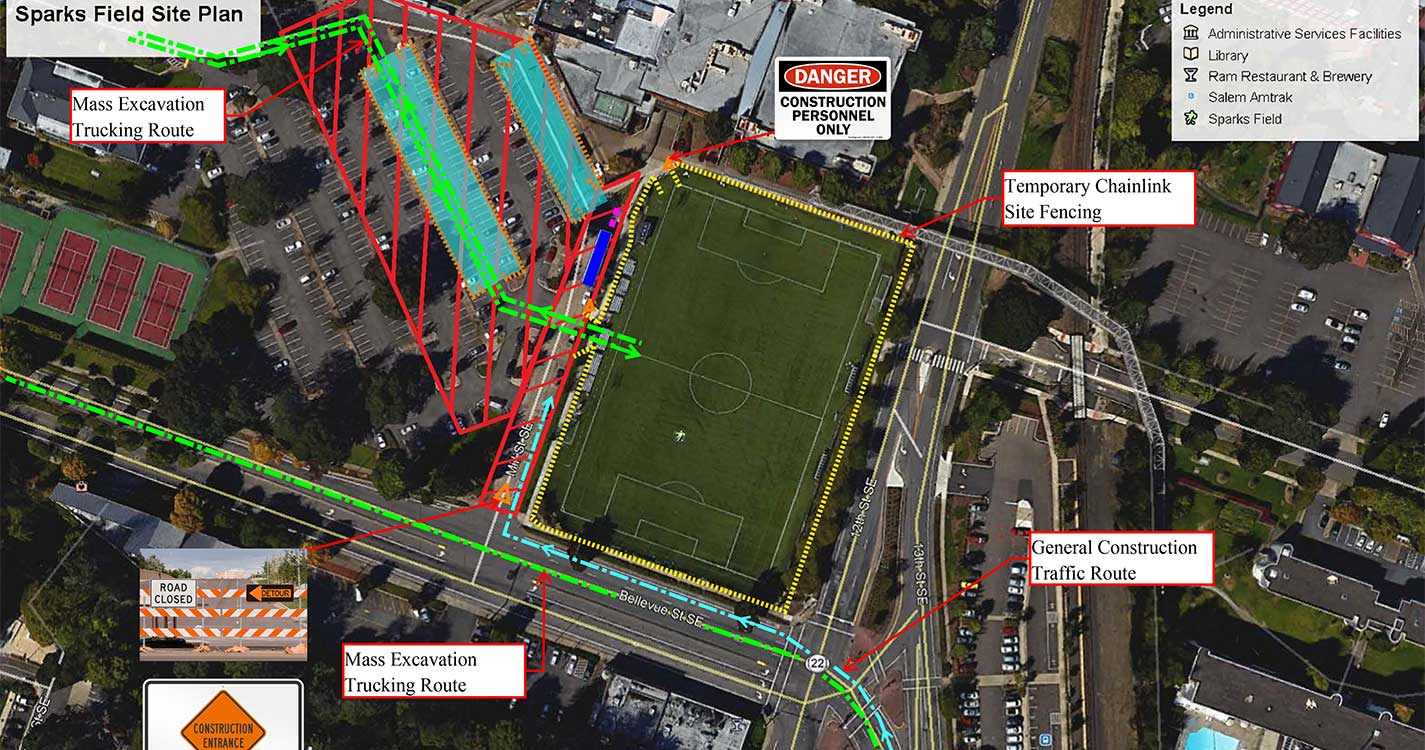 Map showing the plan for the Sparks Field construction closures in the Sparks parking lot. The three lanes of parking spaces closes to Sparks will be closed. The two lanes in the rear of the lot remain open.