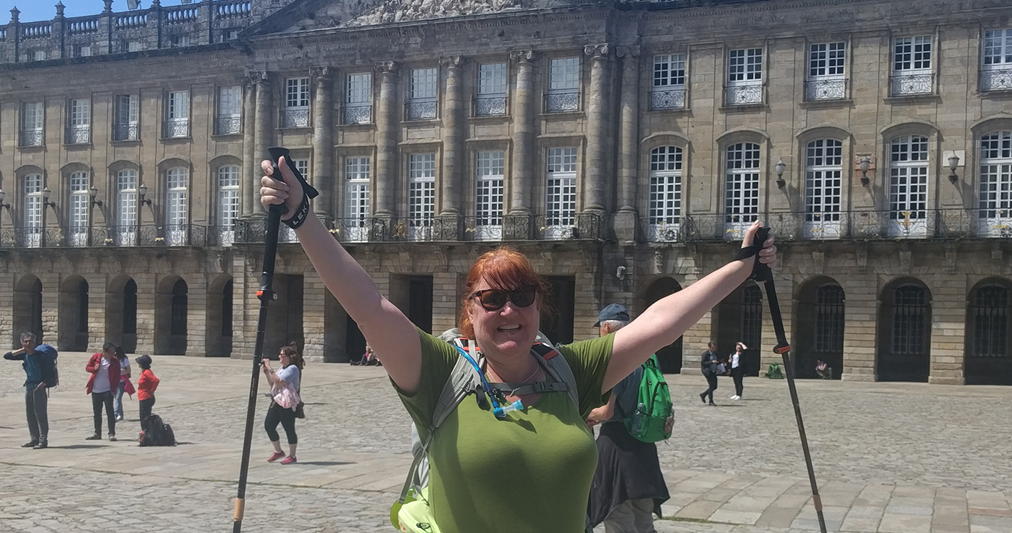 Jennifer Trundy JD'19 completed her walk on a route of the Camino de Santiago in May. Here, she stands, just finished with her walk, in Santiago de Compostela, Spain.