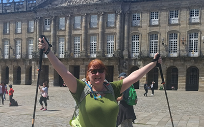 Jennifer Trundy JD'19 completed her walk on a route of the Camino de Santiago in May. Here, she stands, just finished with her walk, in Santiago de Compostela, Spain.
