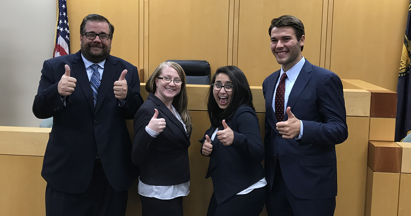 (L to R) James Sullivan and Sarah Lowe defeated Priscilla Shaikh and Ted Hammers in the AAJ Moot Court Competition. All of the students are in their third year at Willamette Law.