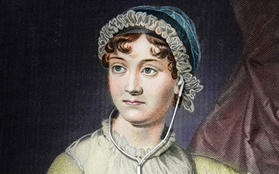 Jane Austen with earbuds