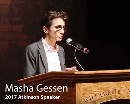 Masha Gessen on stage in Smith Auditorium, Willamette University