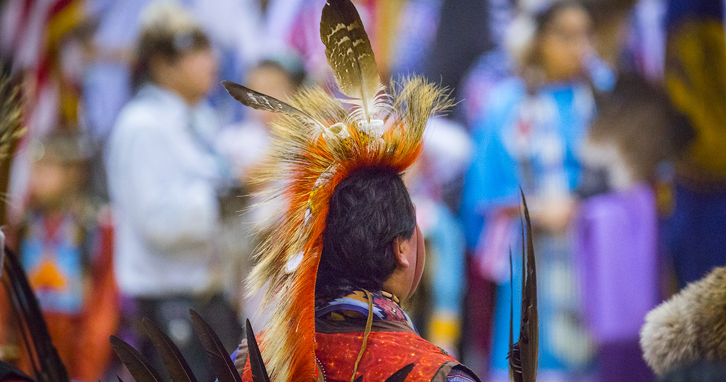 A man’s wears a large feather in the regalia on his head the Social Pow wow.