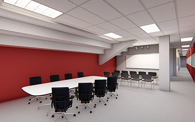 Digital rendering of new meeting rooms in McCulloch Stadium, chairs around tables and whiteboard