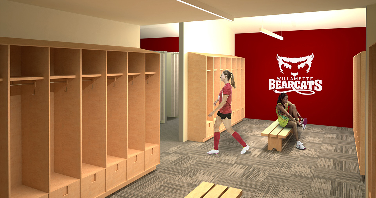 Digital rendering of the women’s locker room for track and cross country planned for the first floor of the Track and Grounds Storage Facility