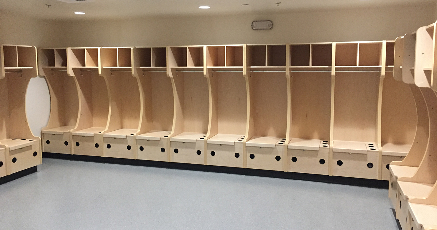 Lockers in the new women’s lacrosse locker room.