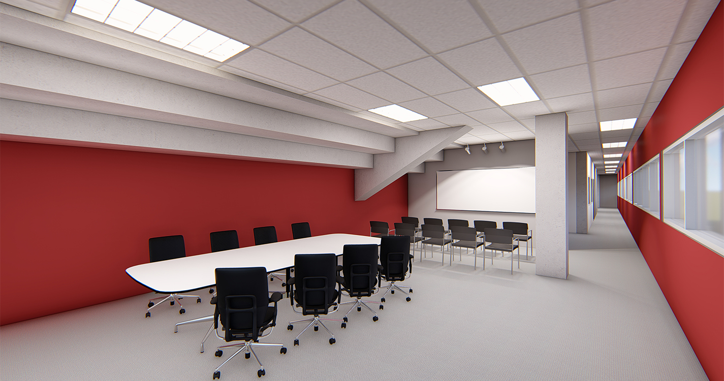 Digital rendering of the renovated meeting rooms on McCulloch Stadium’s second floor. 