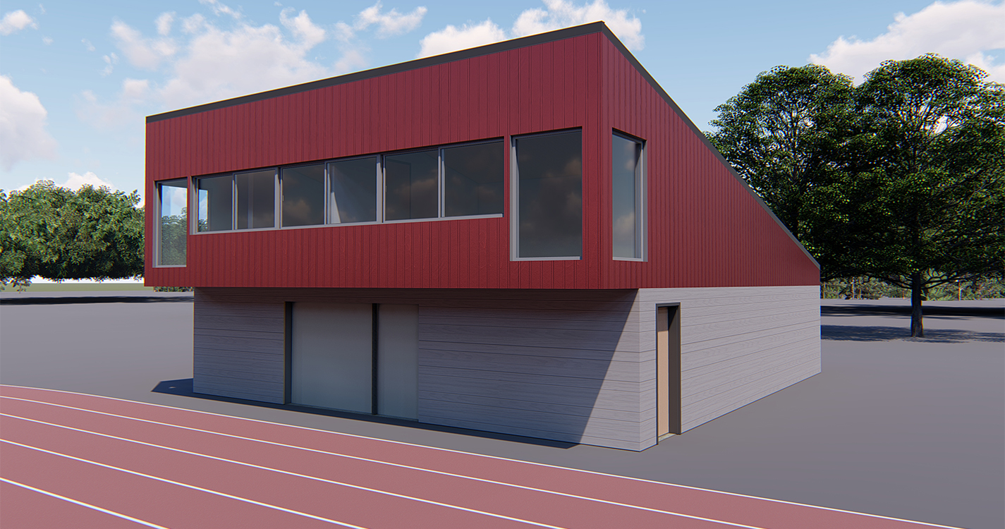 Digital rendering of the exterior of the renovated Track and Grounds Storage Facility. 