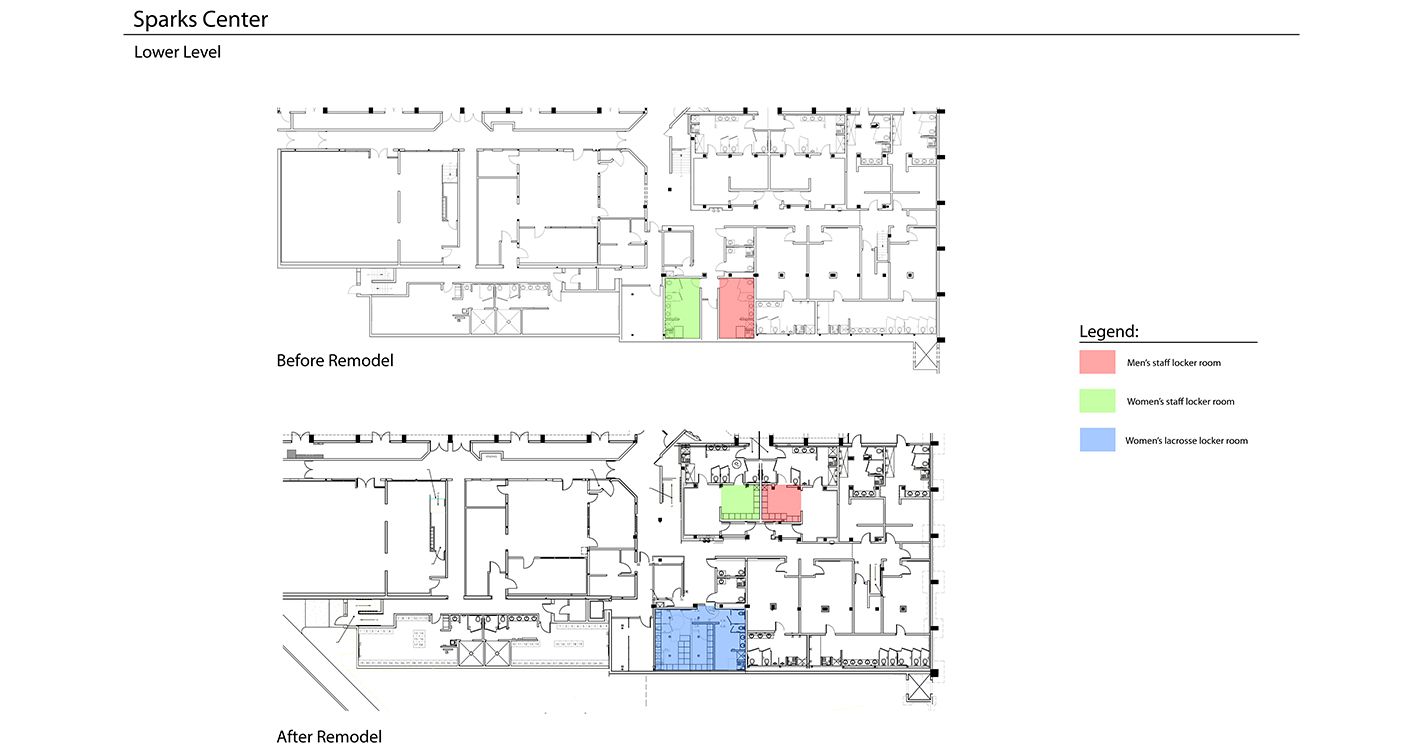 Floor plan for Sparks Athletic Center’s new women’s lacrosse locker room and relocation of employee locker rooms.