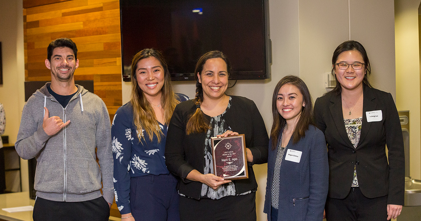 Nani Apo JD’13, center, stands next to the students who nominated her for Mentor of the Year. From left: P. Kai McGuire JD’19, Noelle Chan JD’20, Megan Oshiro ’15, JD’18 and Yufeng Luo ’18.