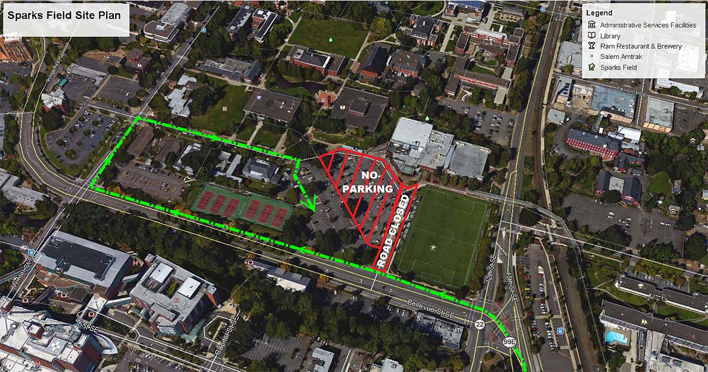 Map showing the plan for the Sparks Field construction closures in the Sparks parking lot. Traffic must access the parking lot via Winter St. The entry from Bellevue St. will be closed for construction.