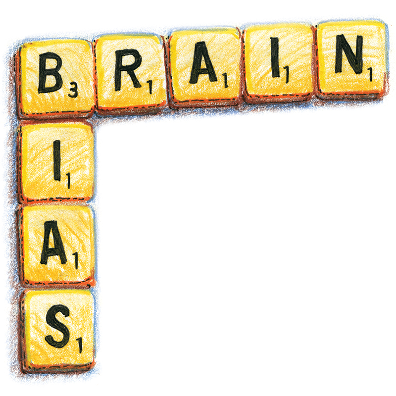 drawing of Scrabble-like letter tiles spelling “brain biases”