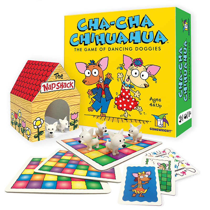 final product of Cha-Cha Chihuahau game with small dog house, dog figurines, cards and bingo-like cards