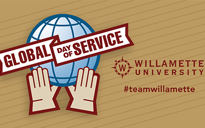 Graphic of hands holding the globe, text: global day of service Willamette University