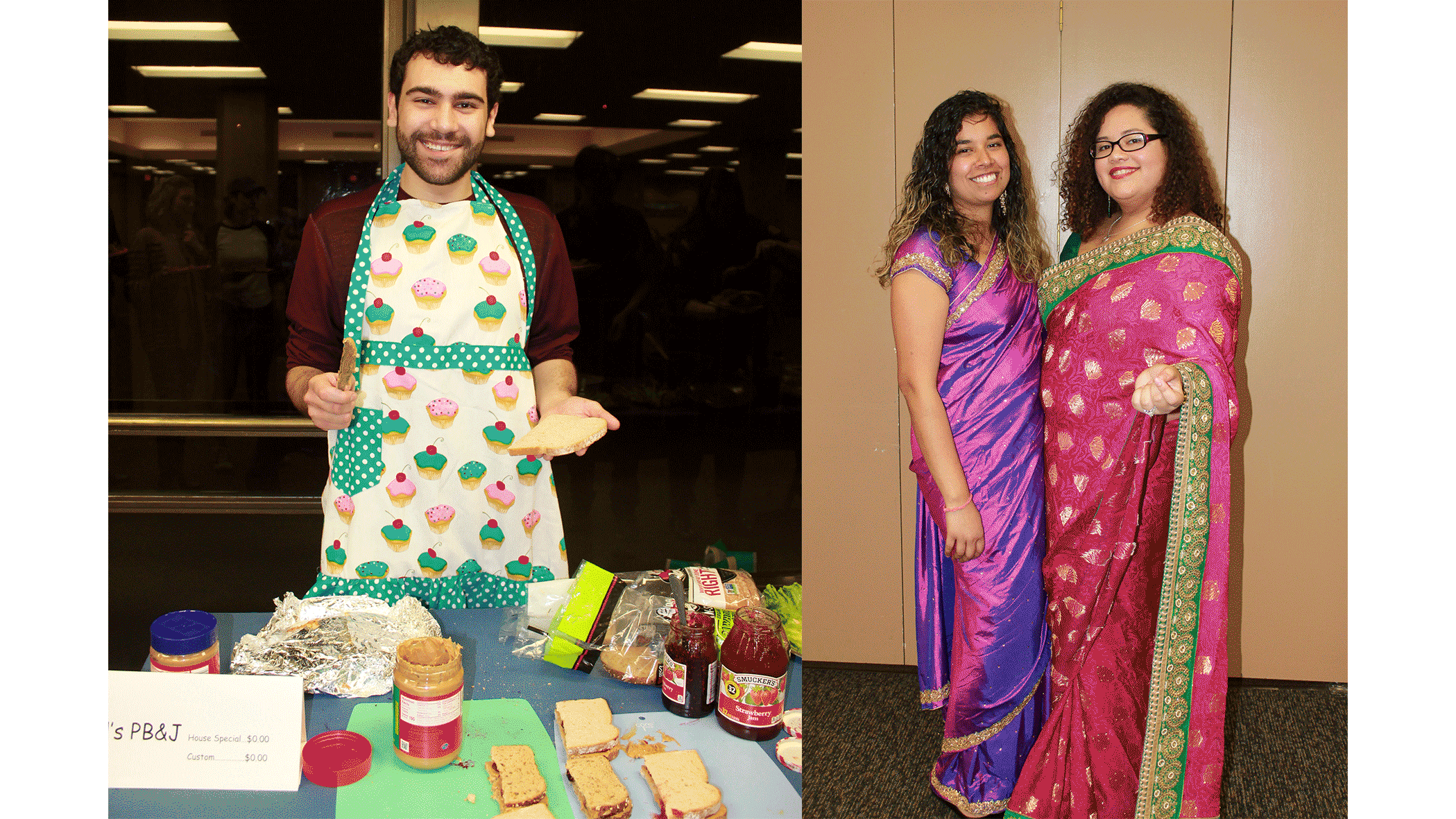 Student preparing peanut butter and jelly sandwiches and two students in traditional Indian saris.
