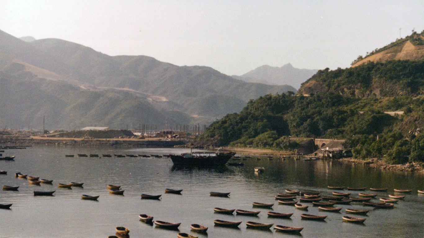 Small boats on a lake in China in the 1970s