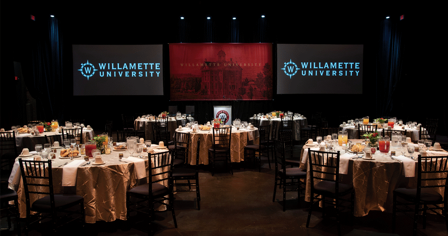 View of the inside of the Pelton theatre set up for the Alumni Awards Dinner