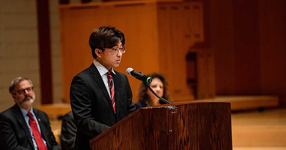 ASWU ASP representative, Ryosuke Sasaki delivers an address to the 31st class of the American Studies Program.