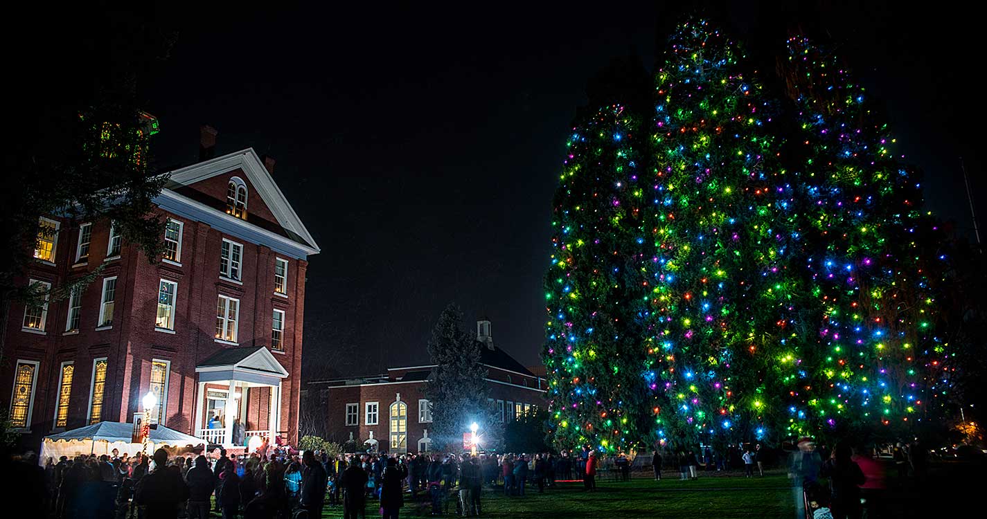 Waller Hall at night next to Star Trees illuminated by colorful holiday lights
