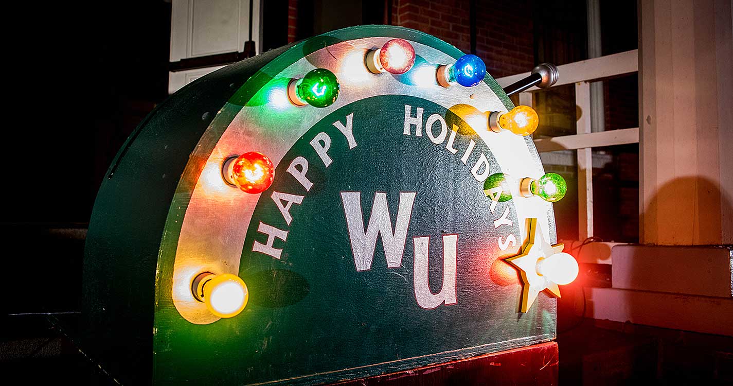 Large old-fashioned hand-built light switch for the Star Trees that says Happy Holidays WU