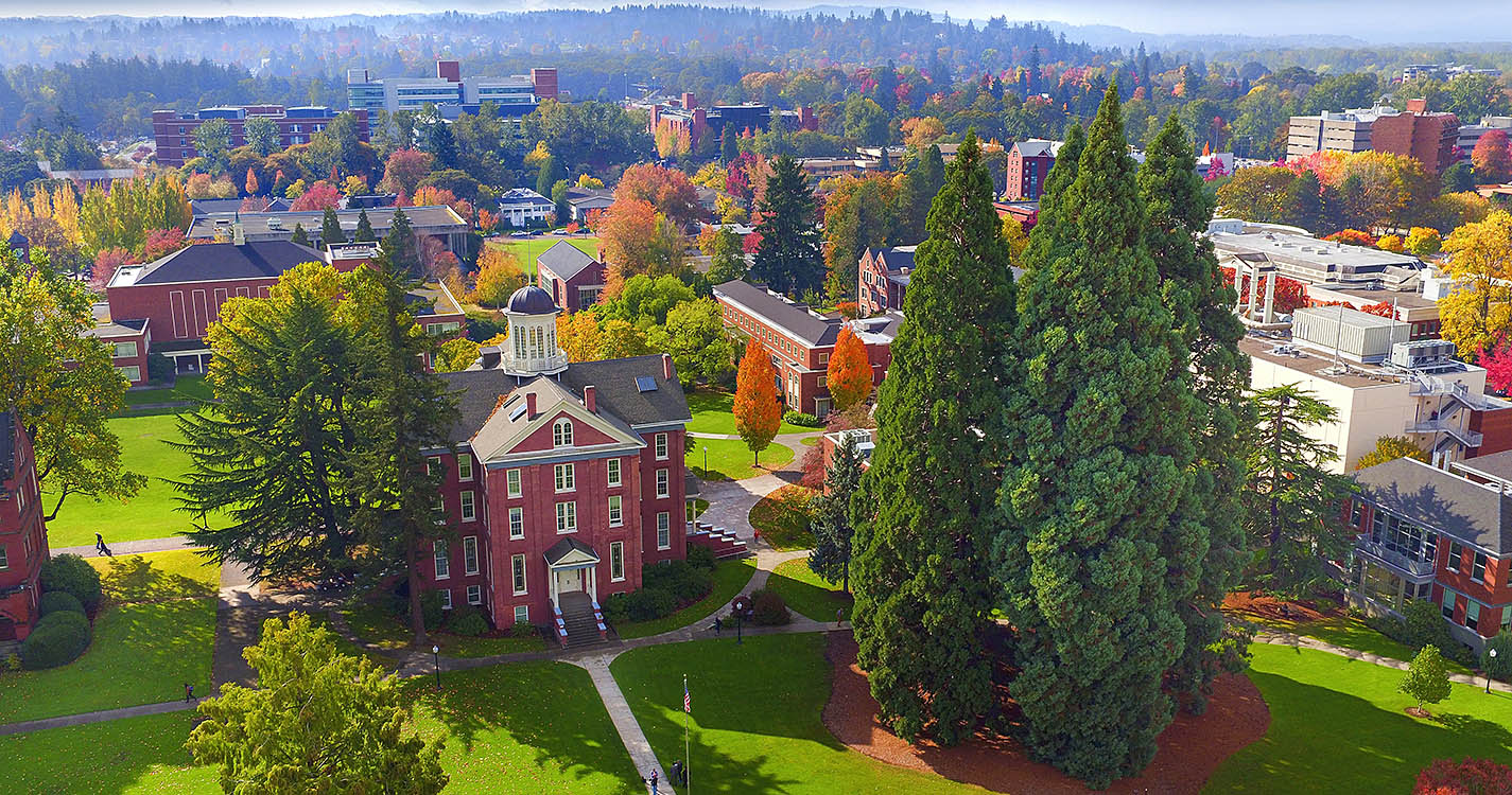 aerial view of Willamette University with Waller Hall and the Star Trees in foreground