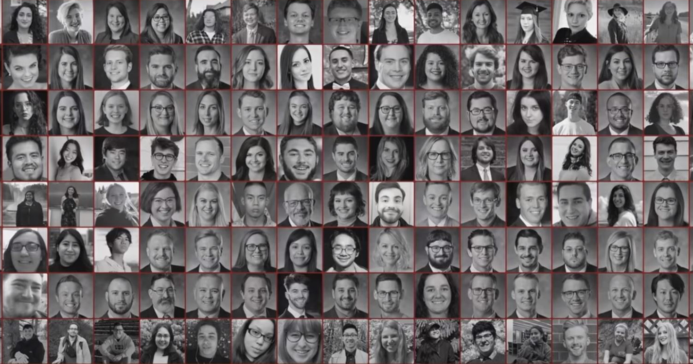 Mosaic of black and white head shots of Willamette graduates from all three colleges.