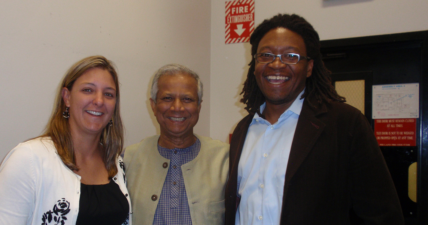 Stearns Lawson and her husband Jelani, right, met Nobel Peace Prize winner Muhammad Yunus after his appearance on 'Real Time with Bill Maher' in 2009. 