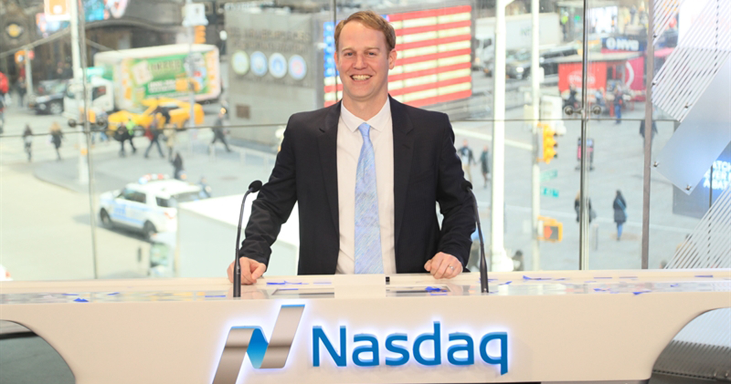 Nathan Love ’05 MBA’06, former vice president of TiVo’s ad sales and business development, rang the opening bell at Nasdaq in Times Square in 2017. It was the company's 20th anniversary of being listed on the stock exchange. Photo courtesy of Love.