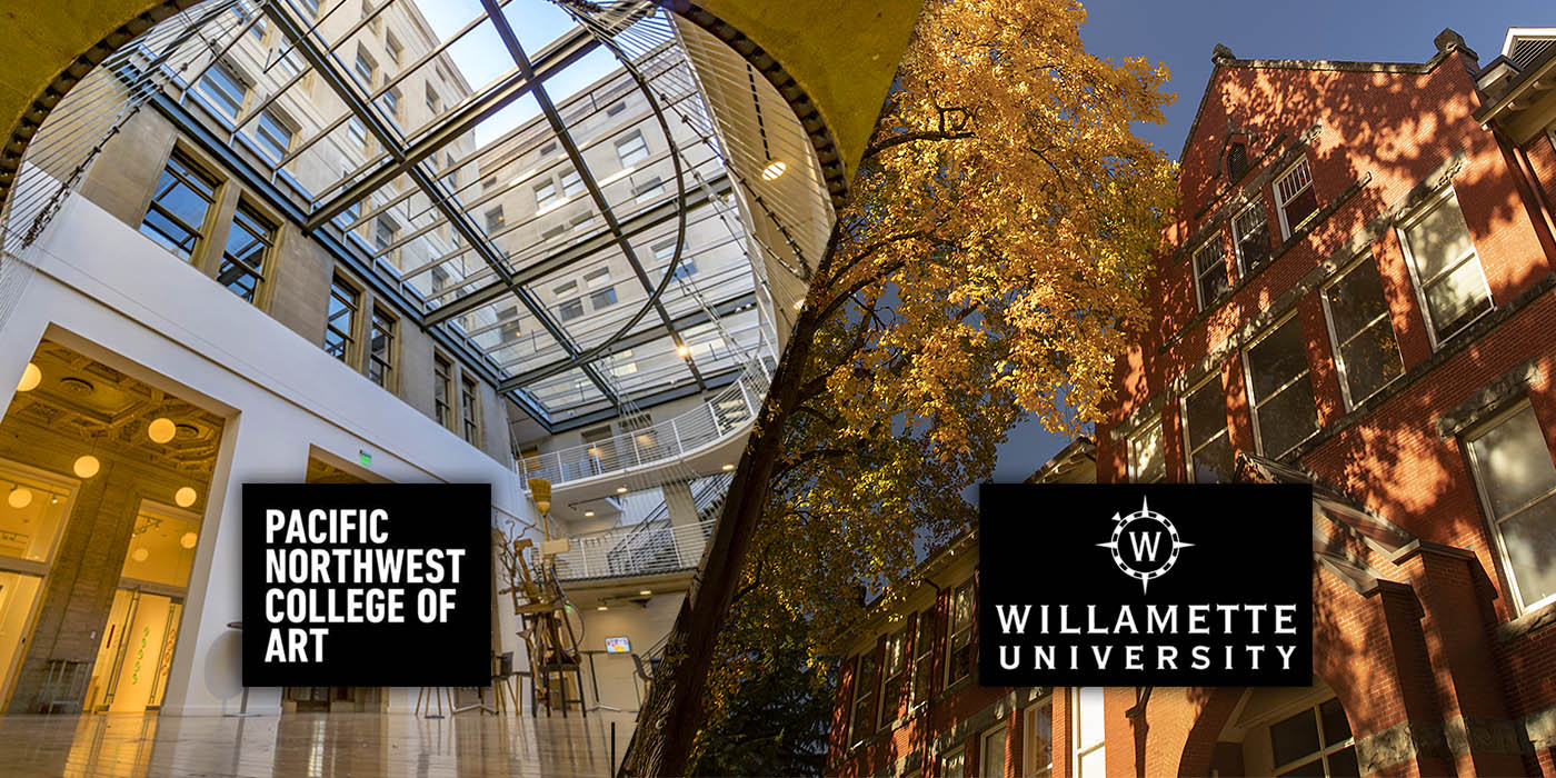 two photos: glass atrium at PNCA; Eaton Hall exterior in autumn. Text: Pacific Northwest College of Art, Willamette Universit