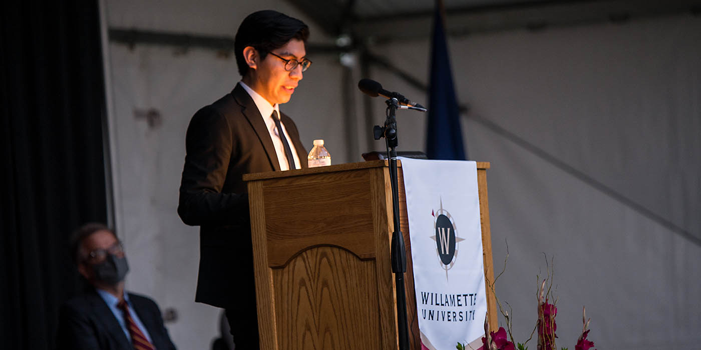 Student body president, Giovanni Bautista speaking at the matriculation ceremony.