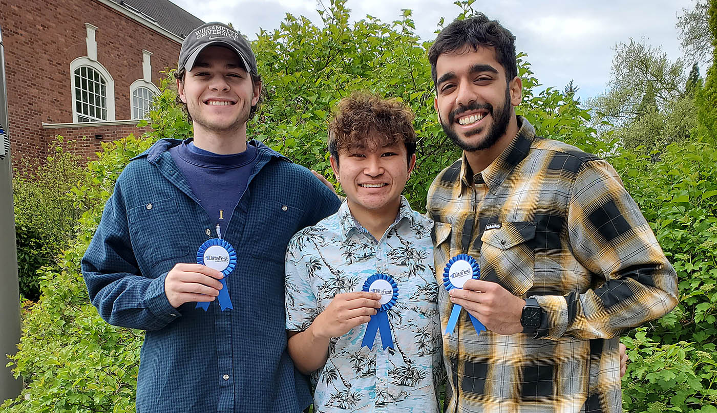Best Statistical Analysis/Model and Best Overall winners from Willamette (Charlie Wiebe BA’25, Meelad Doroodchi BA’24, and Jace Higa BA’26, respectively). 