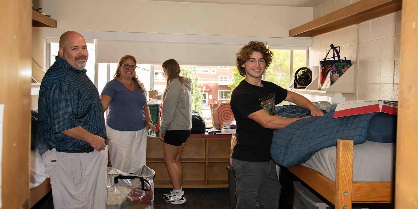 Students and family in residence halls.