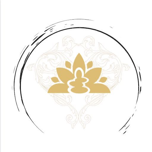 Office of SRL logo with a gold lotus on top of light gold filigree and a black circle border. 