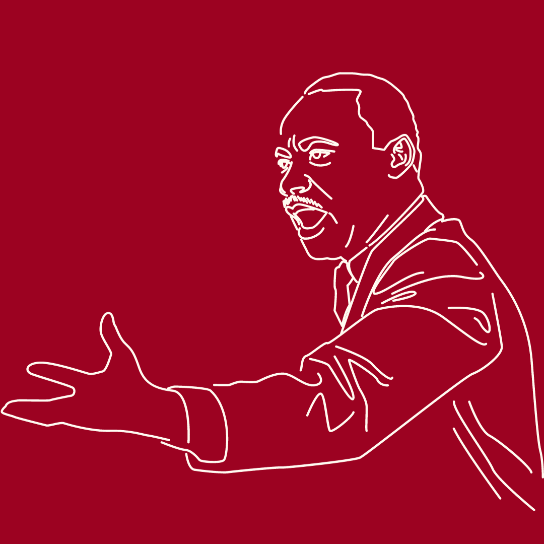 White outlined image of Dr. Martin Luther King Jr.