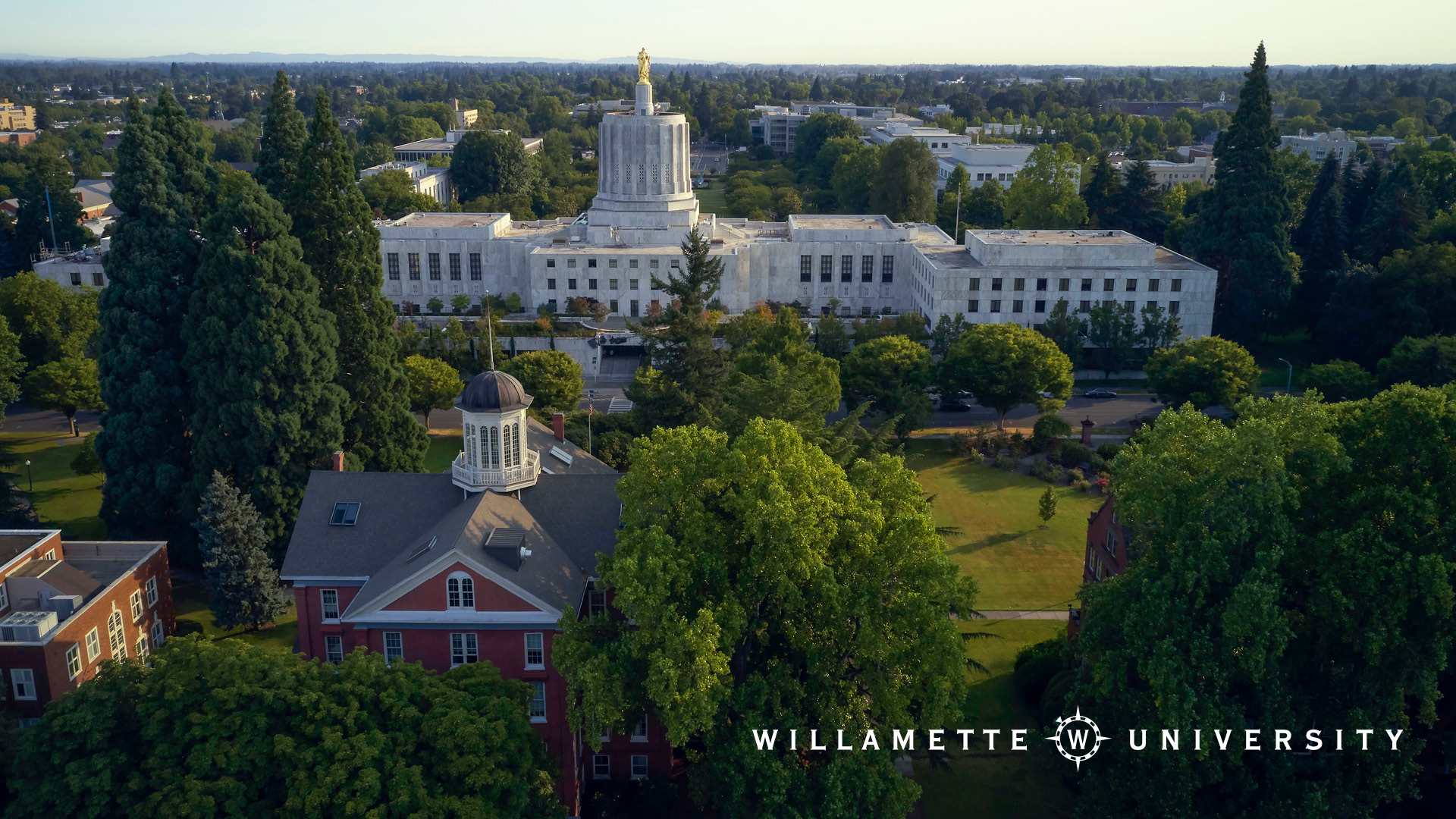 Waller Hall cupola and Oregon State Capitol from above